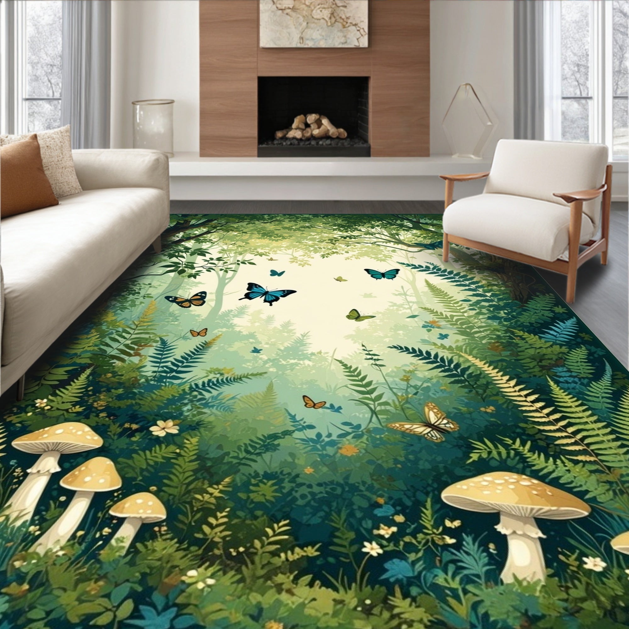 Enchanted Forest Butterfly Mushroom Design Rug
