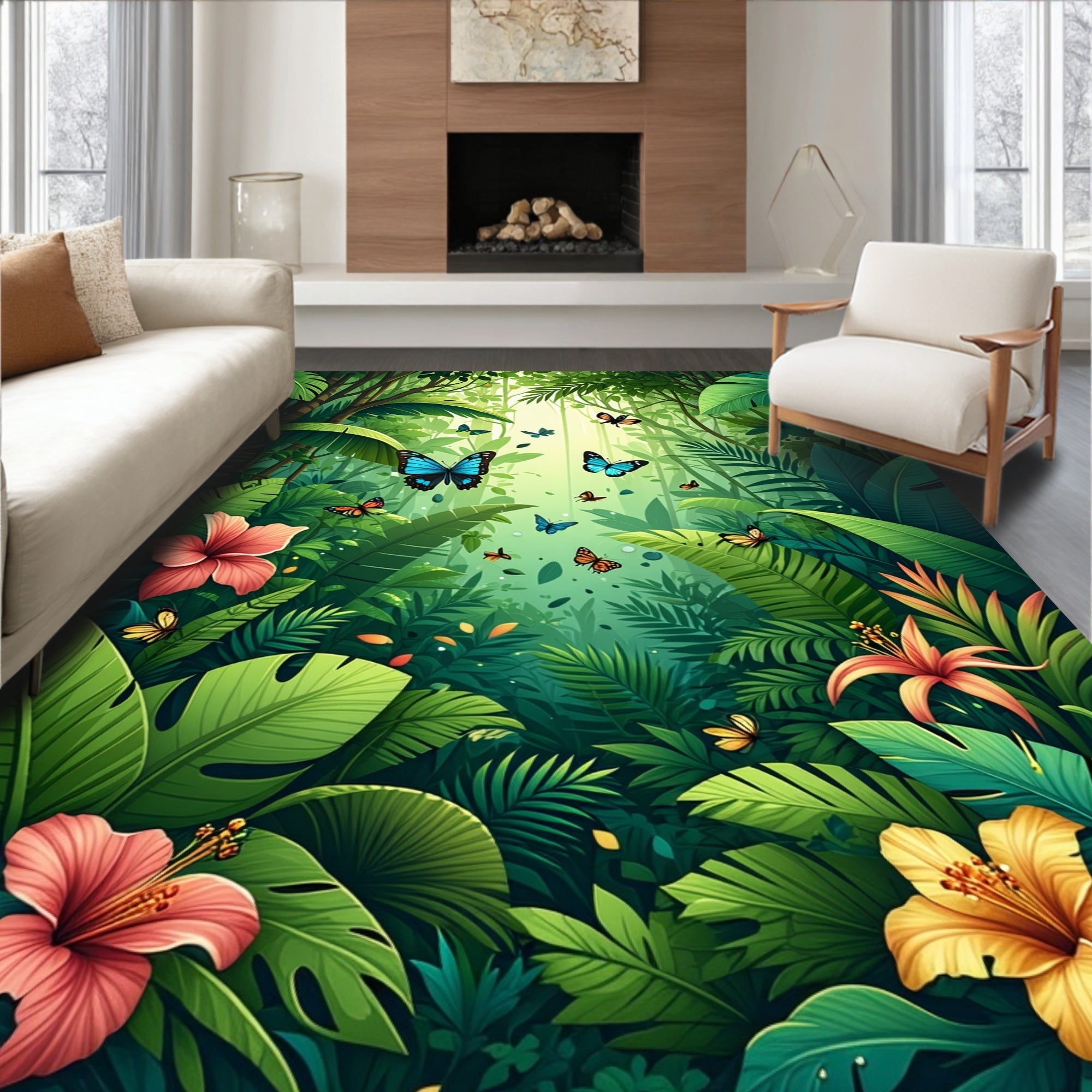 Lush Tropical Jungle Butterfly Garden Rug
