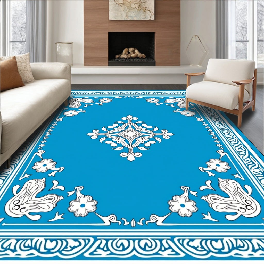 Bright Blue Ornamental Floral Pattern Rug
