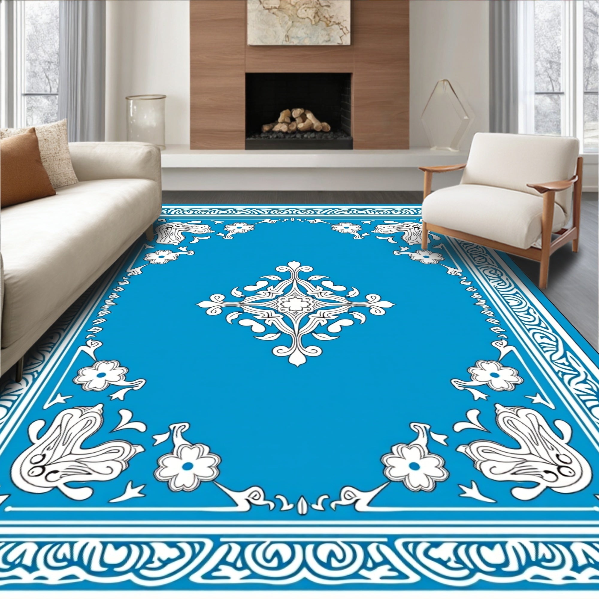 Bright Blue Ornamental Floral Pattern Rug