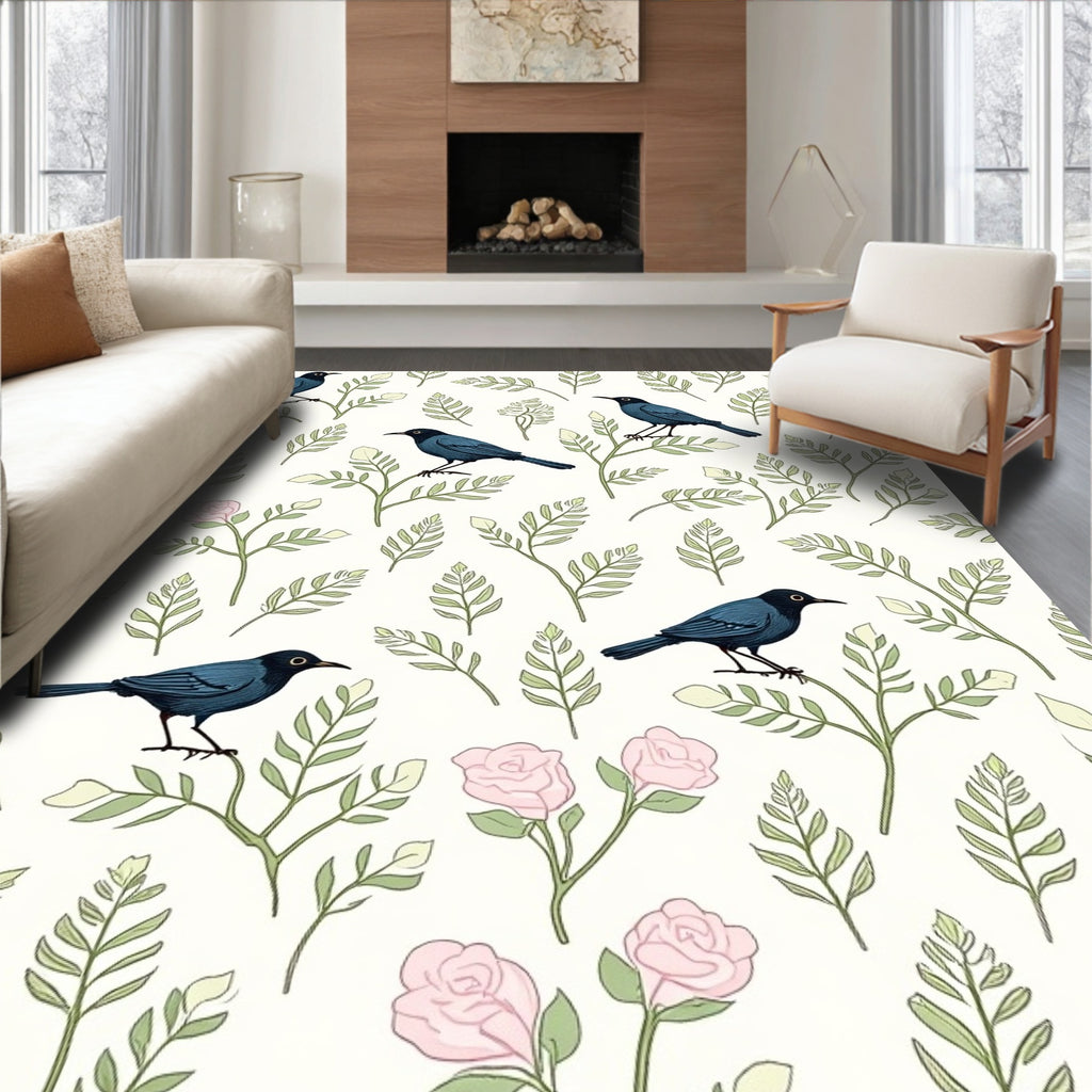 Birds And Delicate Floral Branches Rug