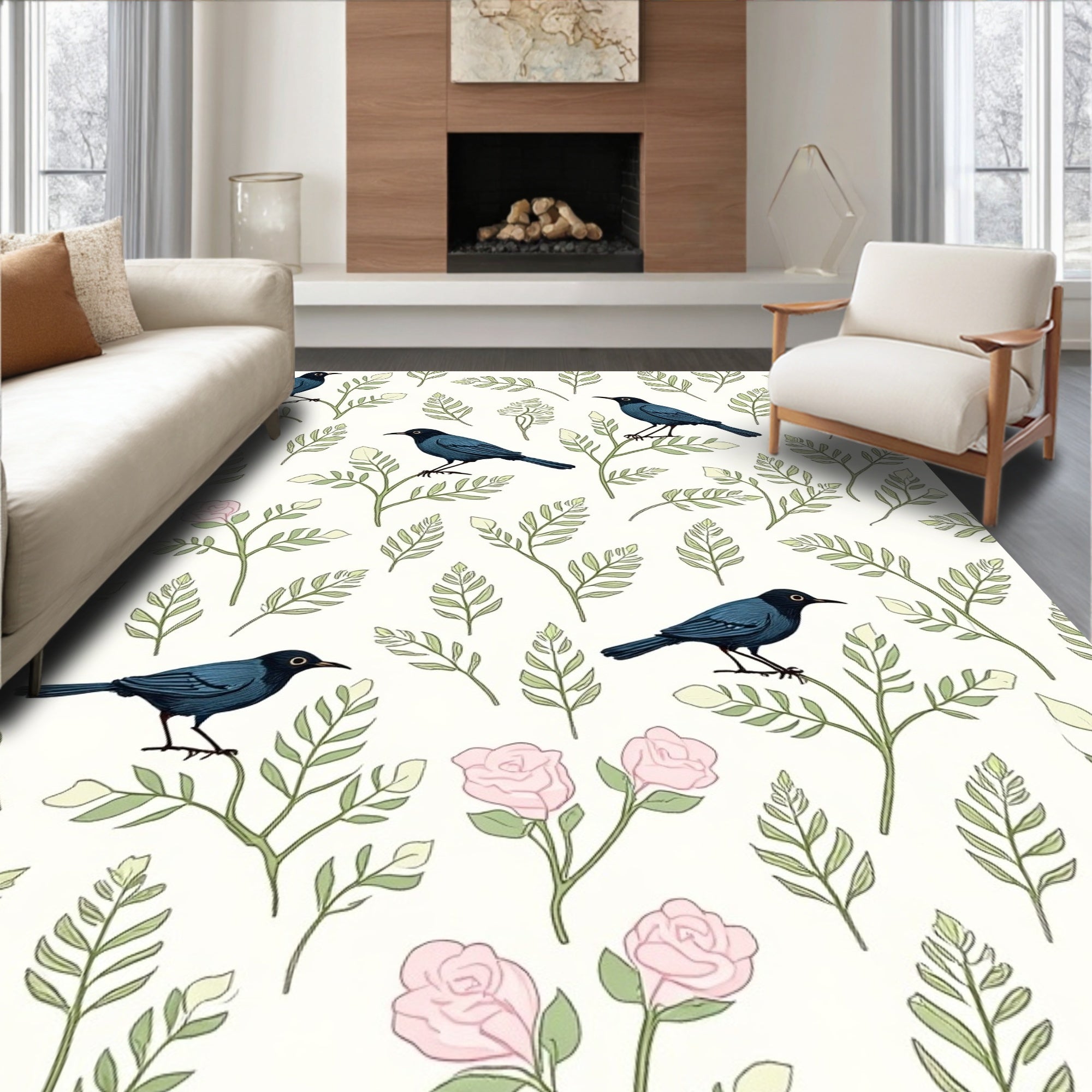 Birds And Delicate Floral Branches Rug