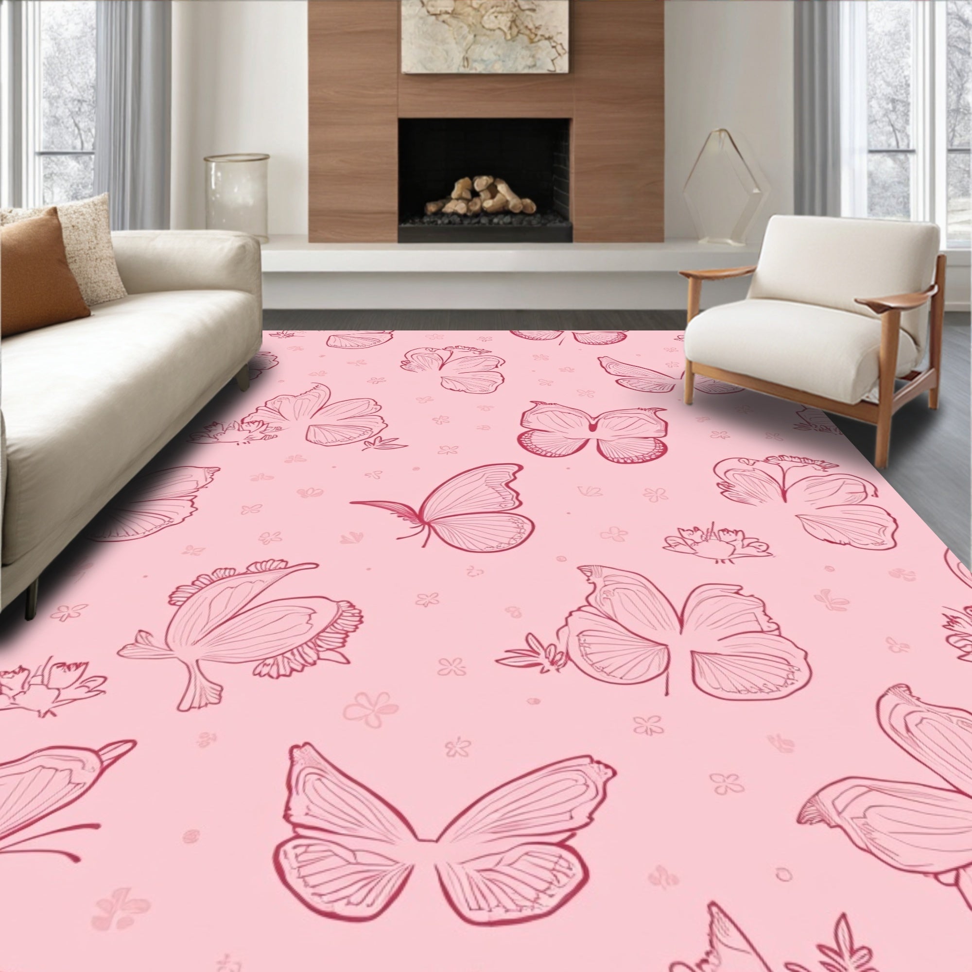 Whimsical Pink Butterfly Pattern Rug