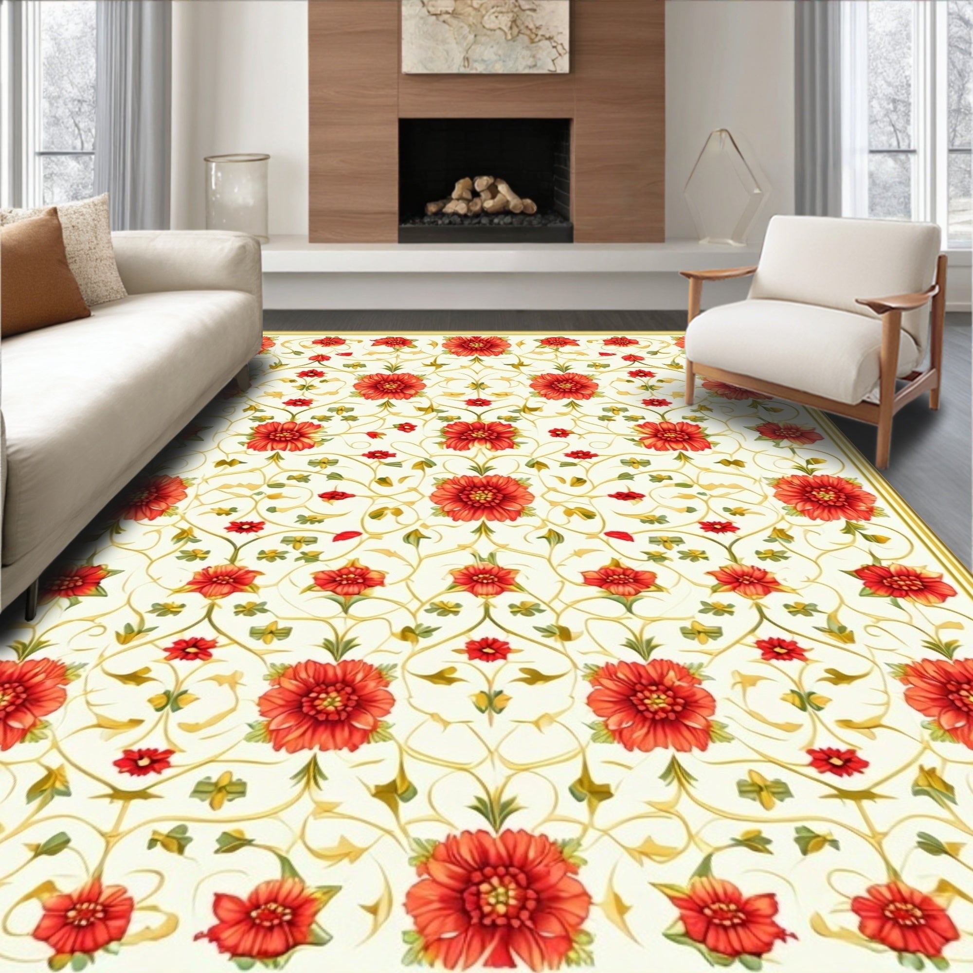 Red Floral Vine Pattern Rug