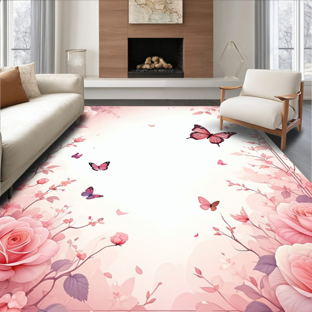 Pink Roses Butterfly Pattern Rug