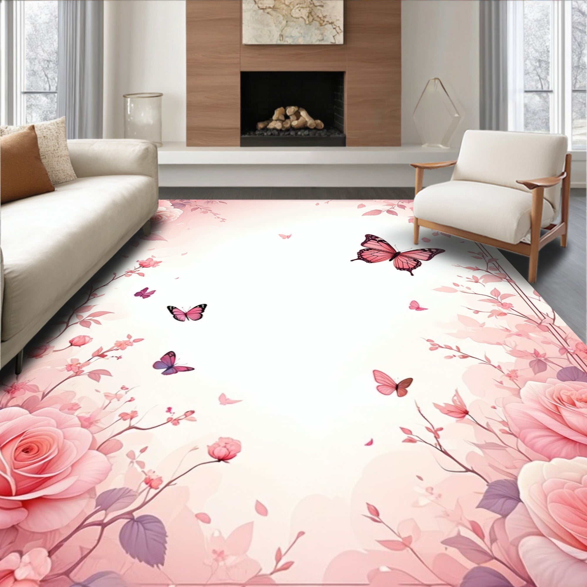 Pink Roses Butterfly Pattern Rug