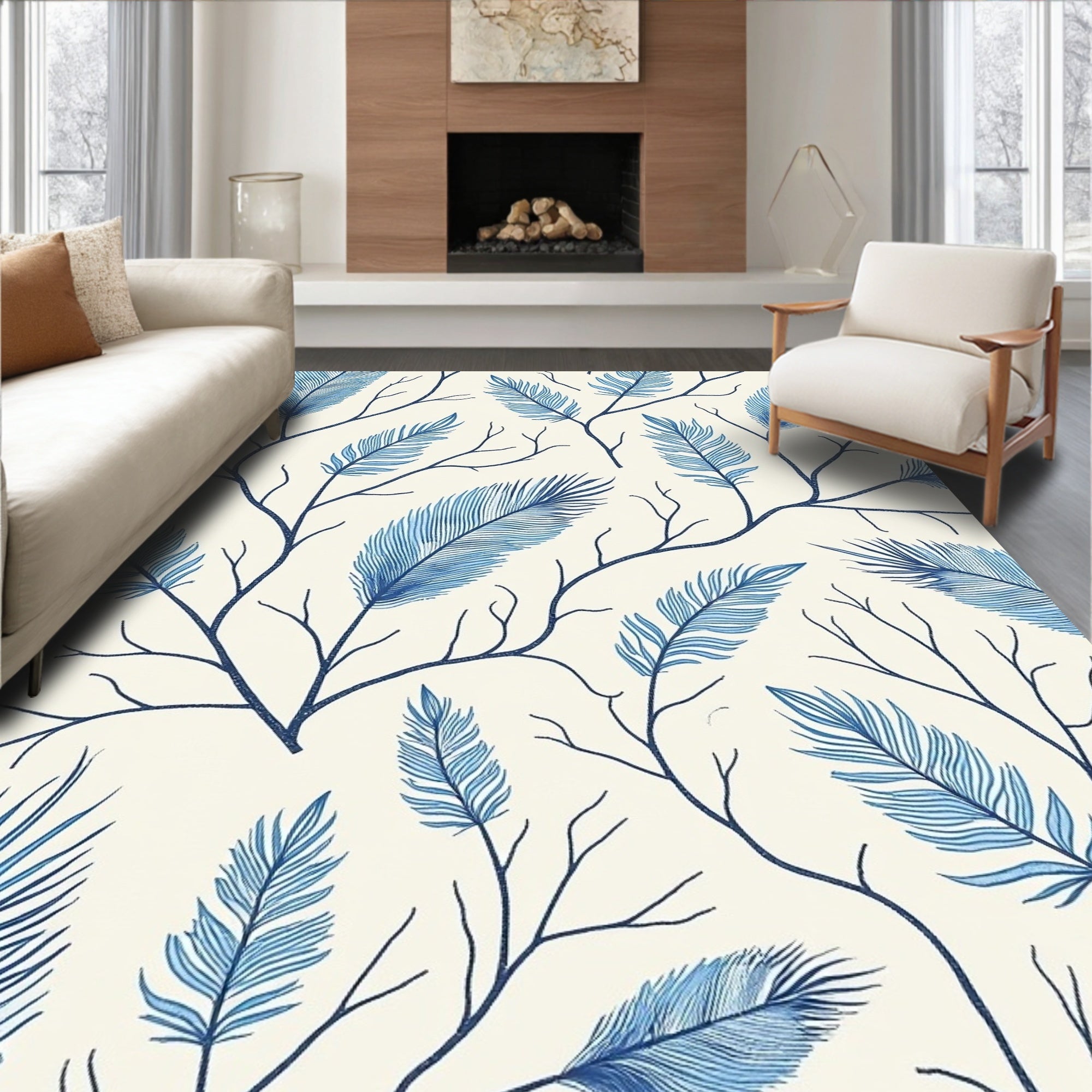 Blue Feather Branch Pattern Design Rug
