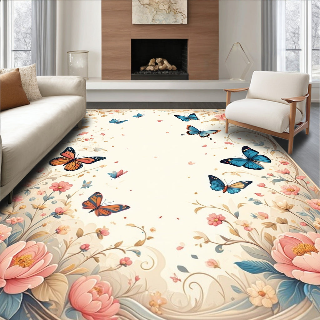 Whimsical Butterflies Floral Garden Design Rug