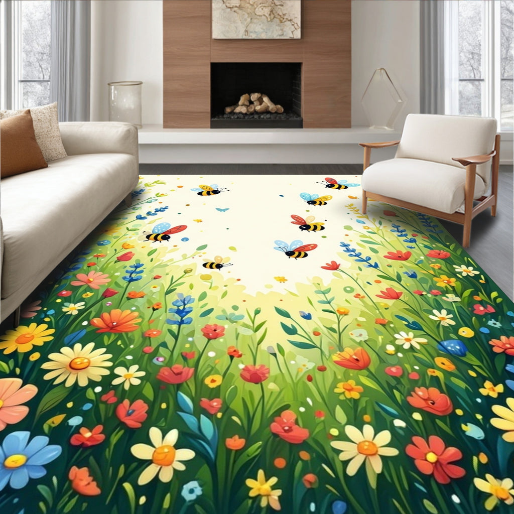 Whimsical Garden Bee Floral Design Rug