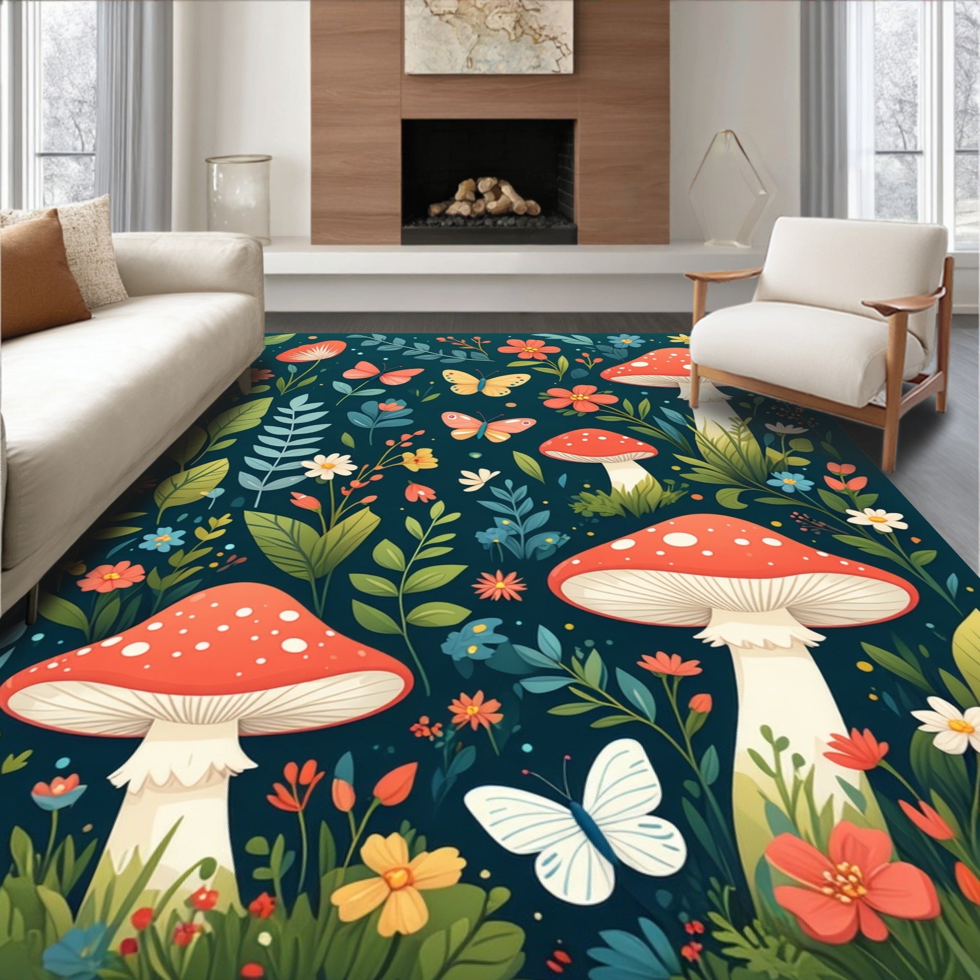 Whimsical Fungi Butterfly Meadow Design Rug