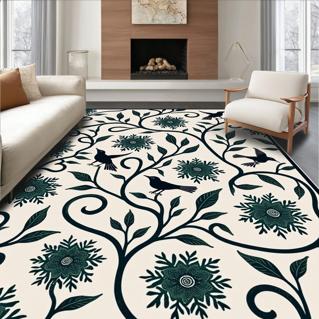 Whimsical Birds Floral Vine Pattern Rug