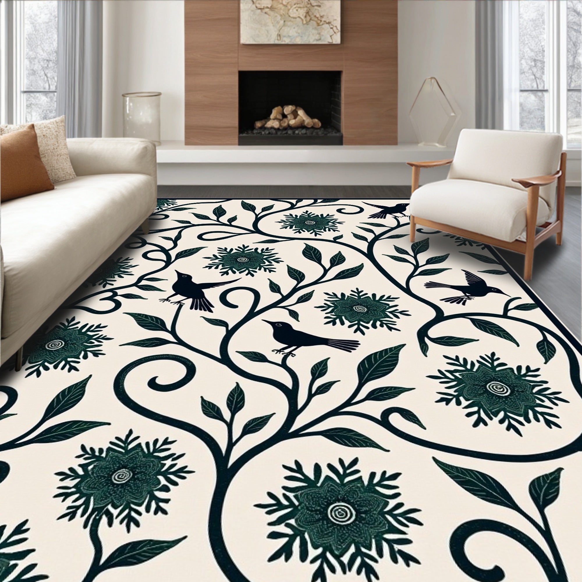 Whimsical Birds Floral Vine Pattern Rug