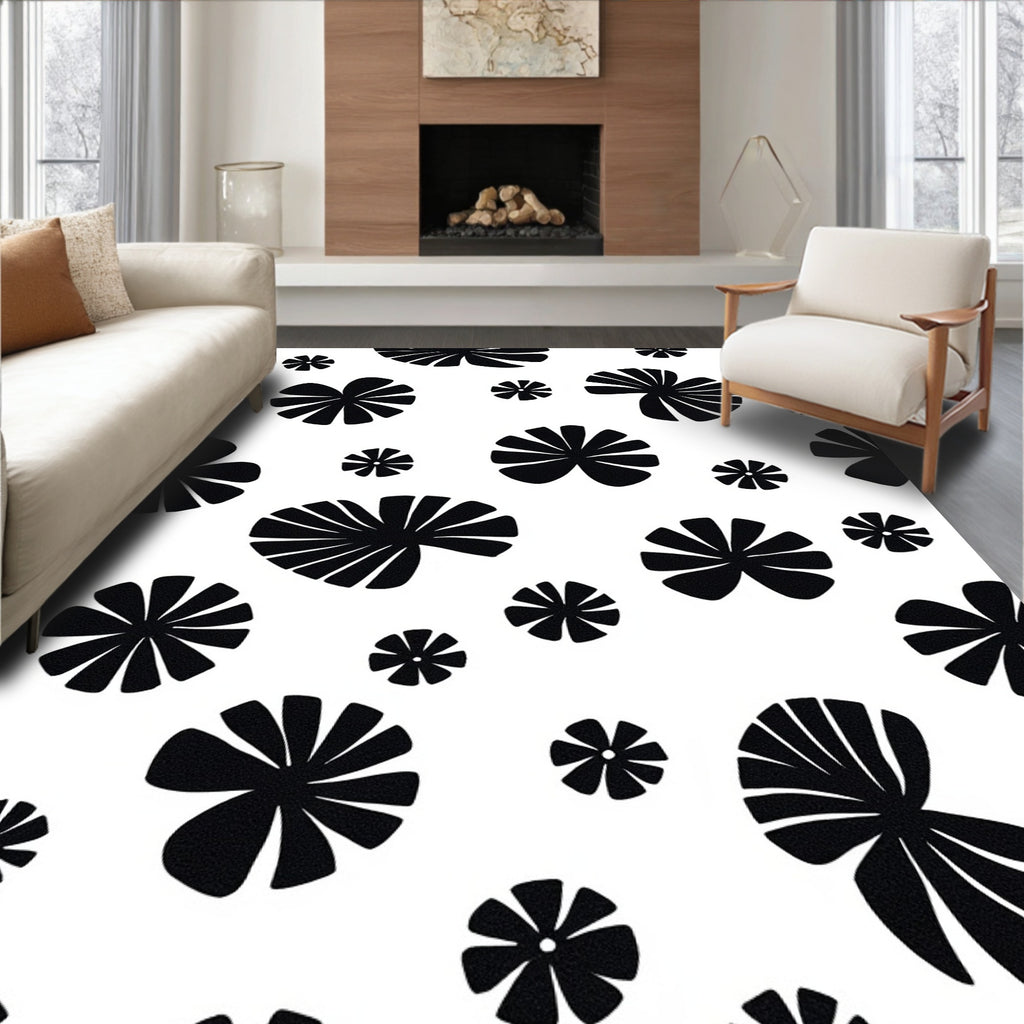 Black Floral Silhouette Pattern Rug