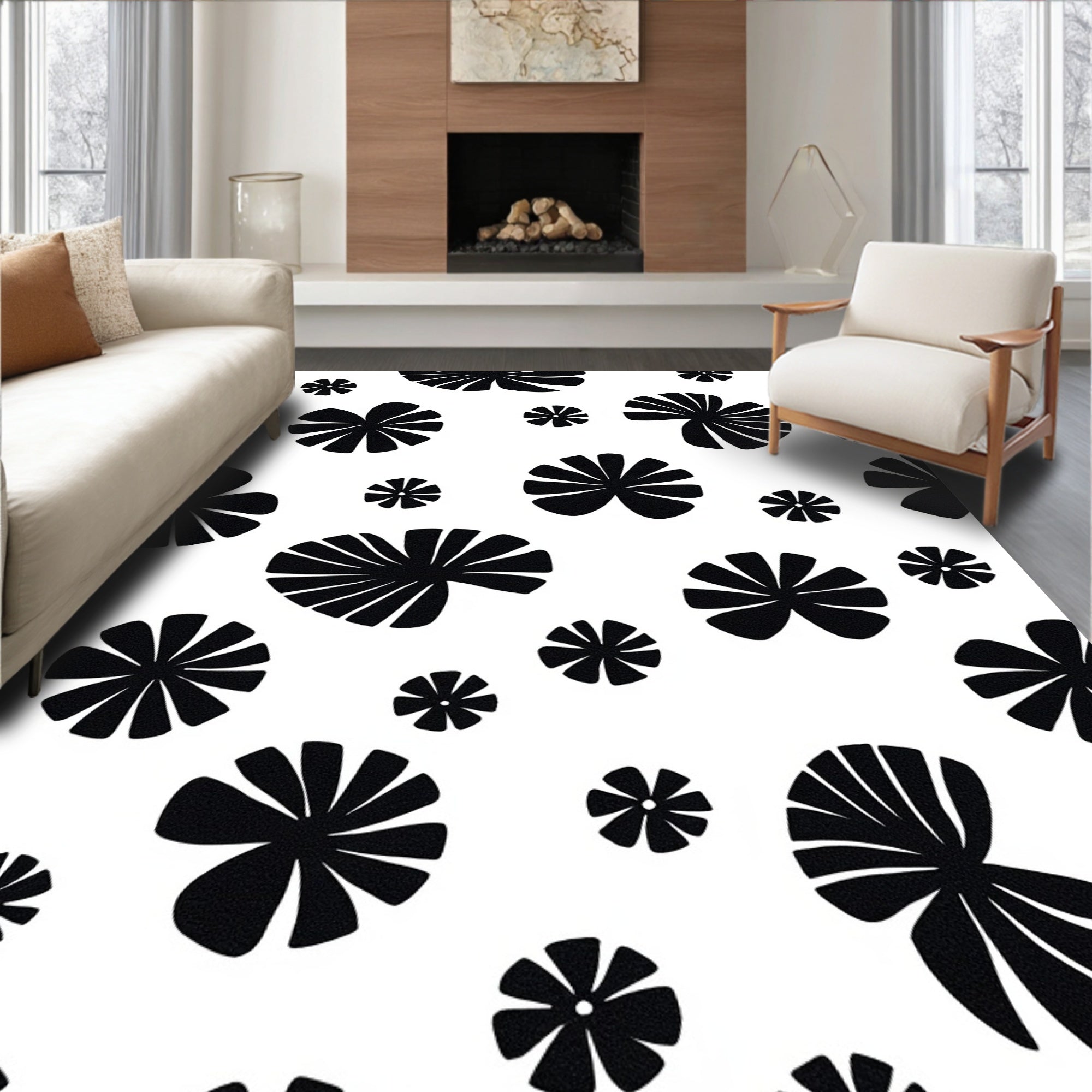 Black Floral Silhouette Pattern Rug
