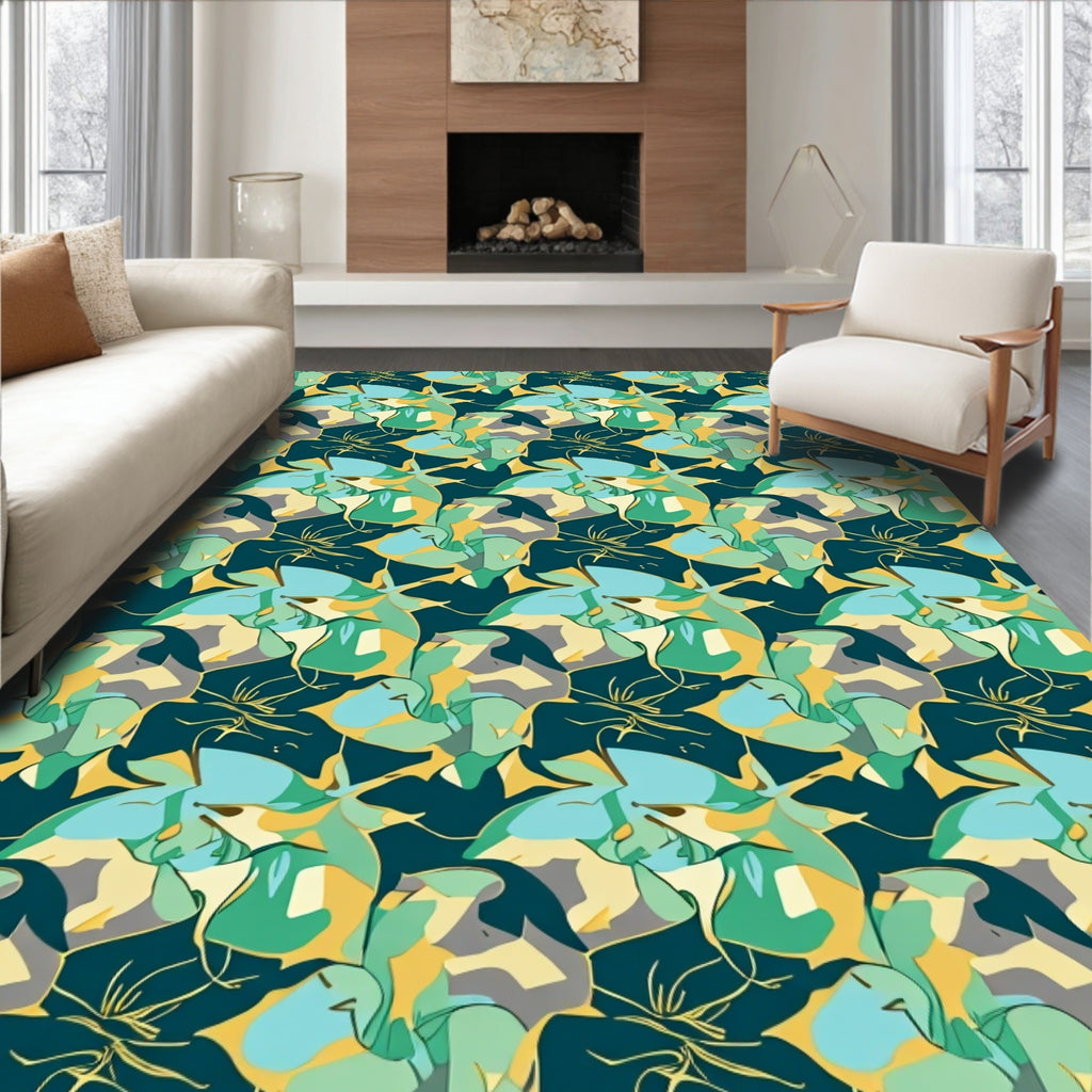 Teal And Gold Abstract Organic Pattern Rug