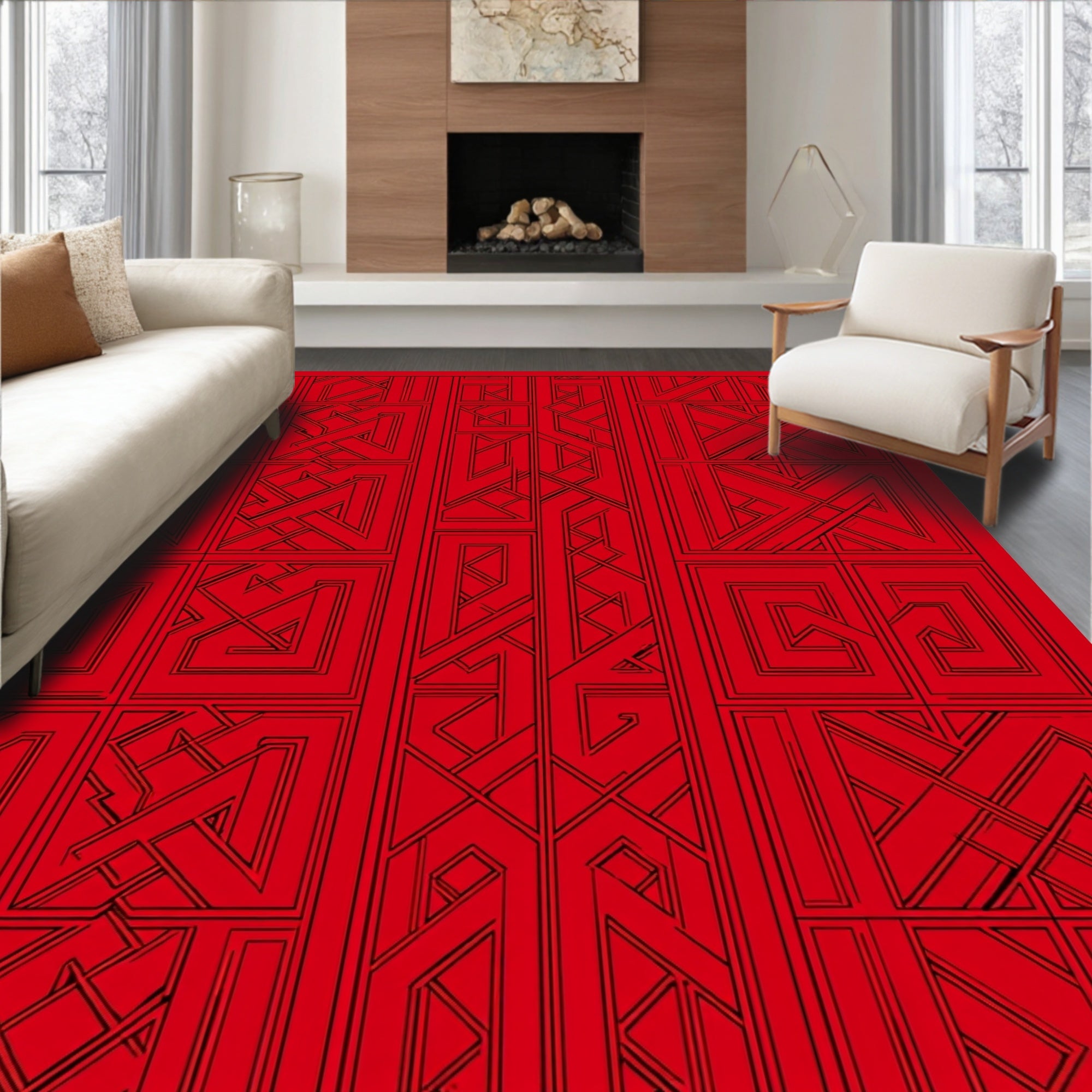 Bold Red Geometric Maze Rug