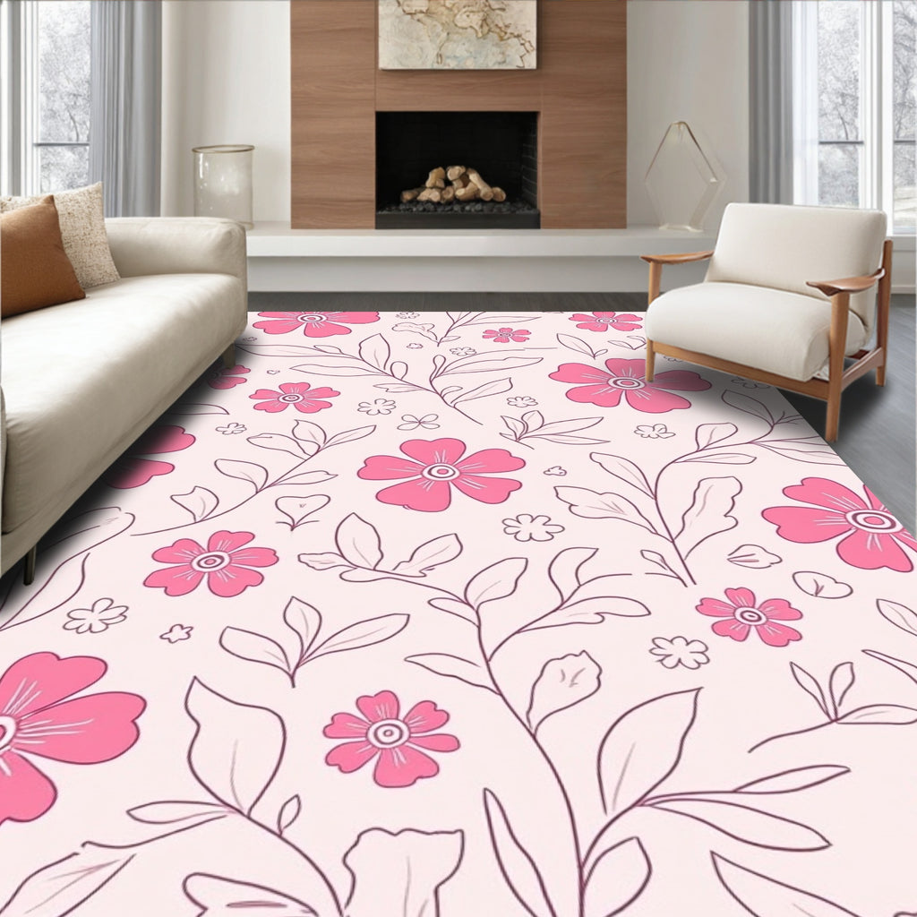 Pink Floral Outline Pattern Rug