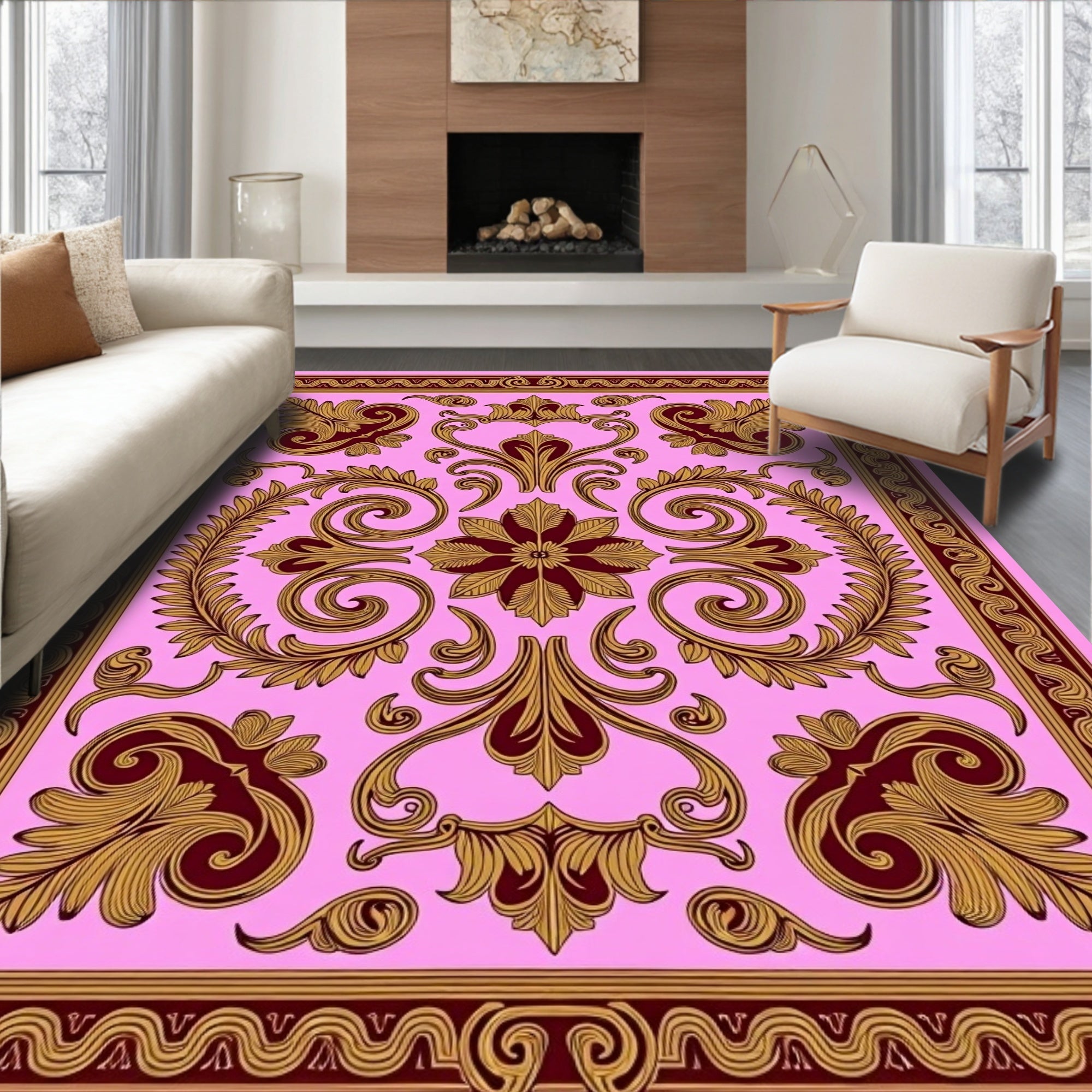 Ornate Pink and Gold Floral Filigree Rug