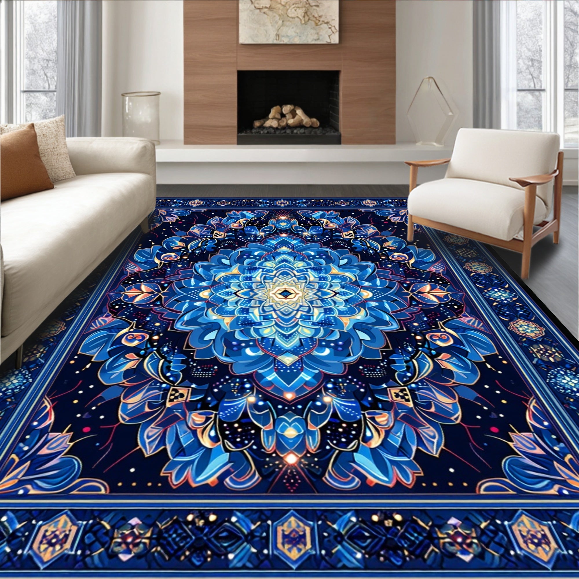 Intricate Blue Ornamental Mandala Rug