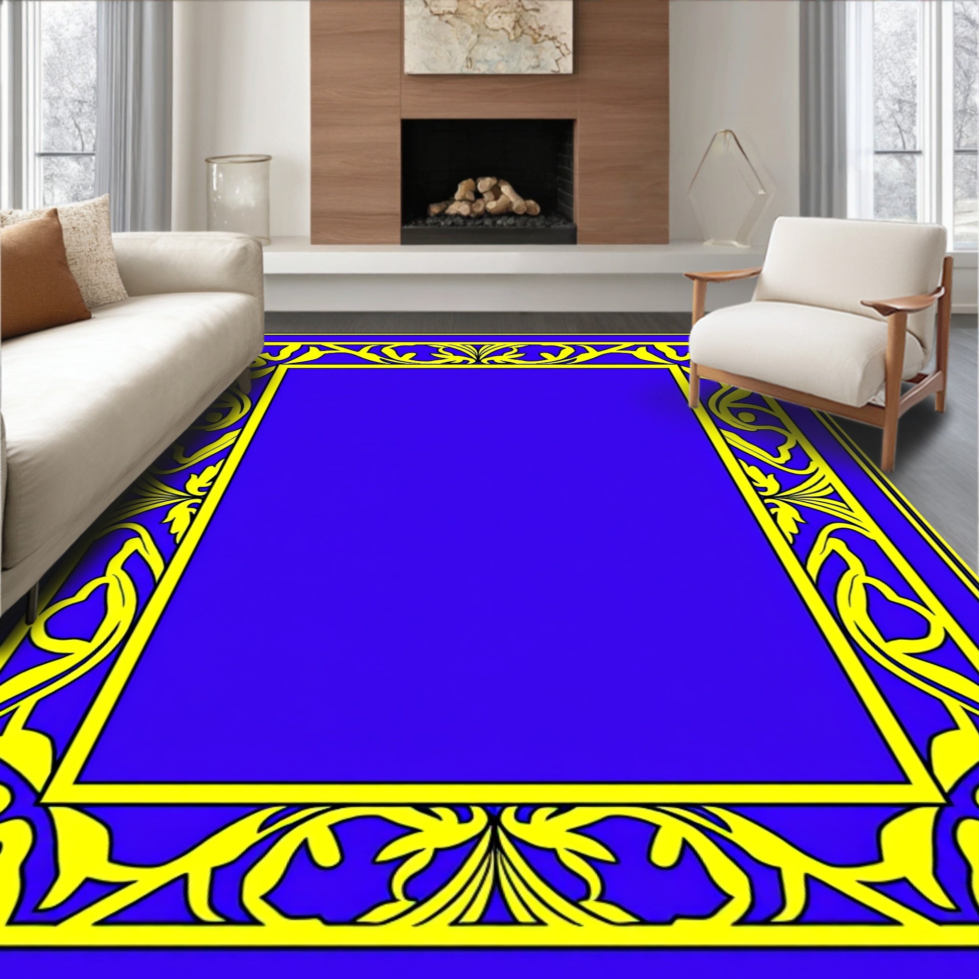 Bold Blue Yellow Floral Design Rug