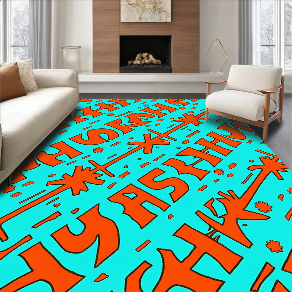 Orange Text Star Burst Pattern Rug
