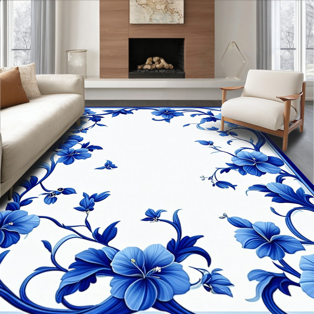 Delicate Blue Floral Vine Pattern Rug