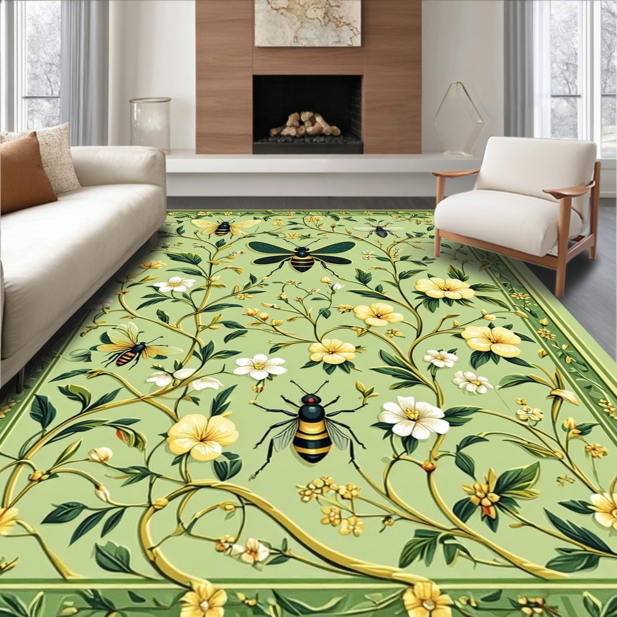 Lush Greenery Bee and Floral Pattern Rug