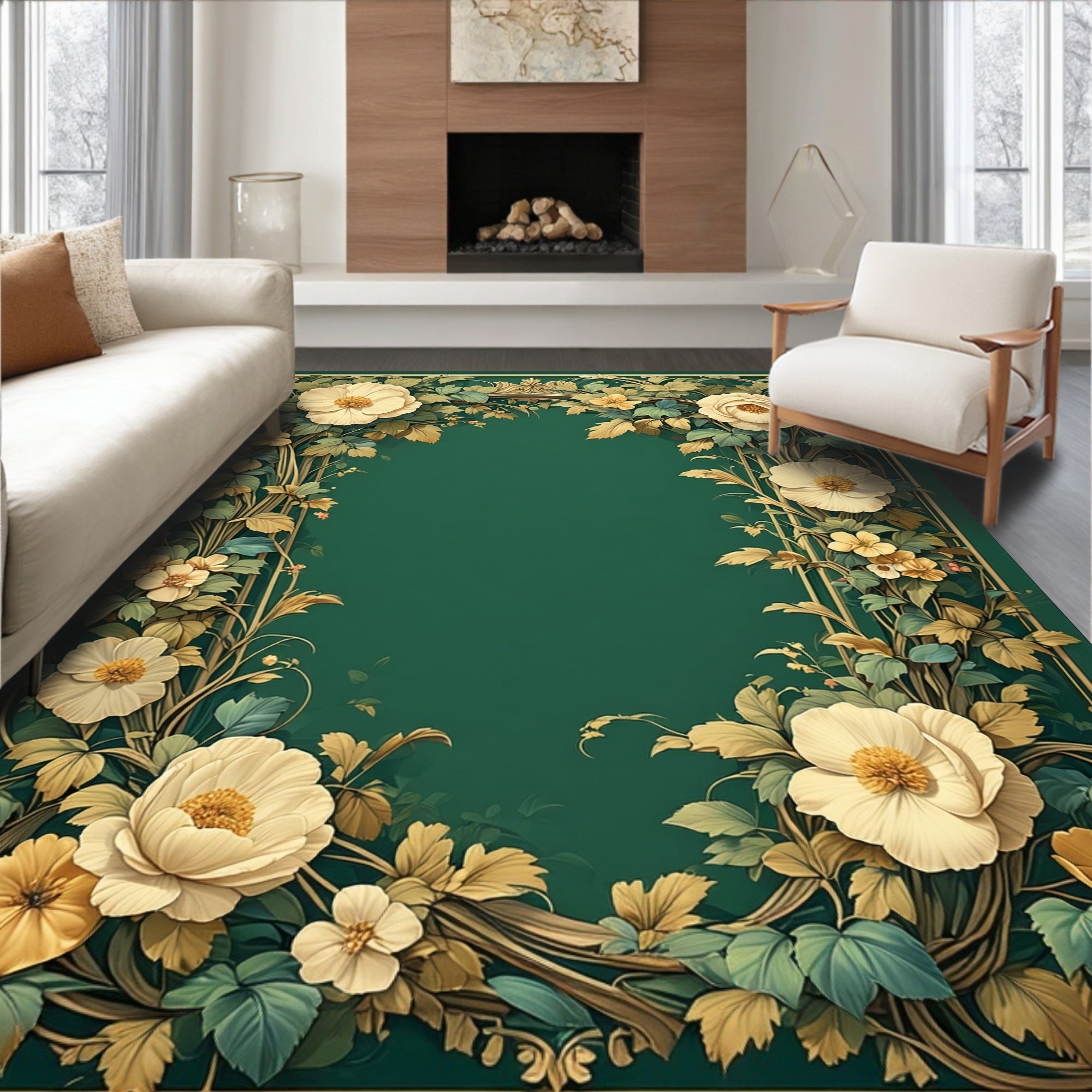 Ornate Floral Vines Border Design Rug
