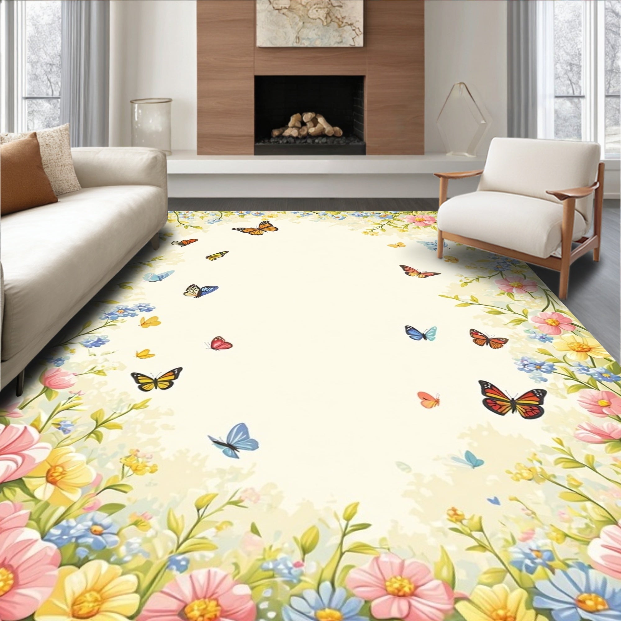 Whimsical Butterflies Flower Garden Design Rug