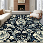 Detailed Floral Accents Dark Navy Rug