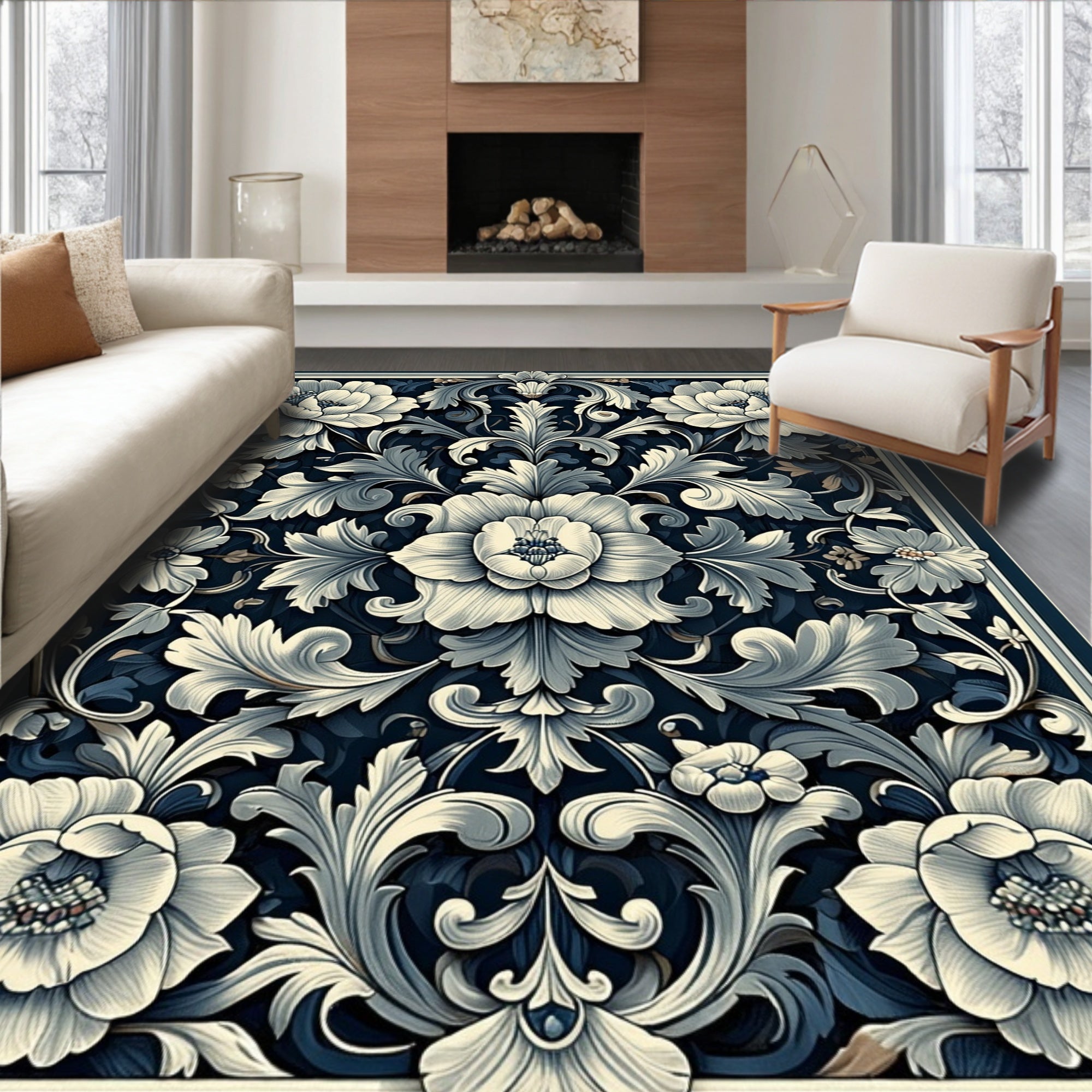 Detailed Floral Accents Dark Navy Rug