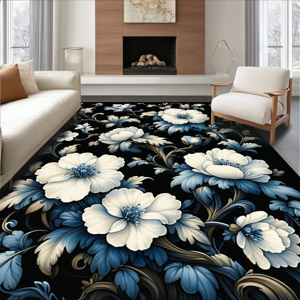 White Blue Porcelain Floral Pattern Rug