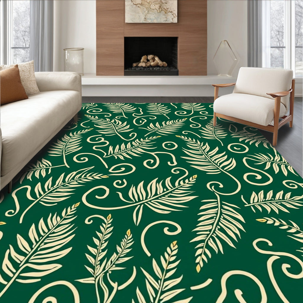 Green Beige Tropical Leaf Swirl Pattern Rug