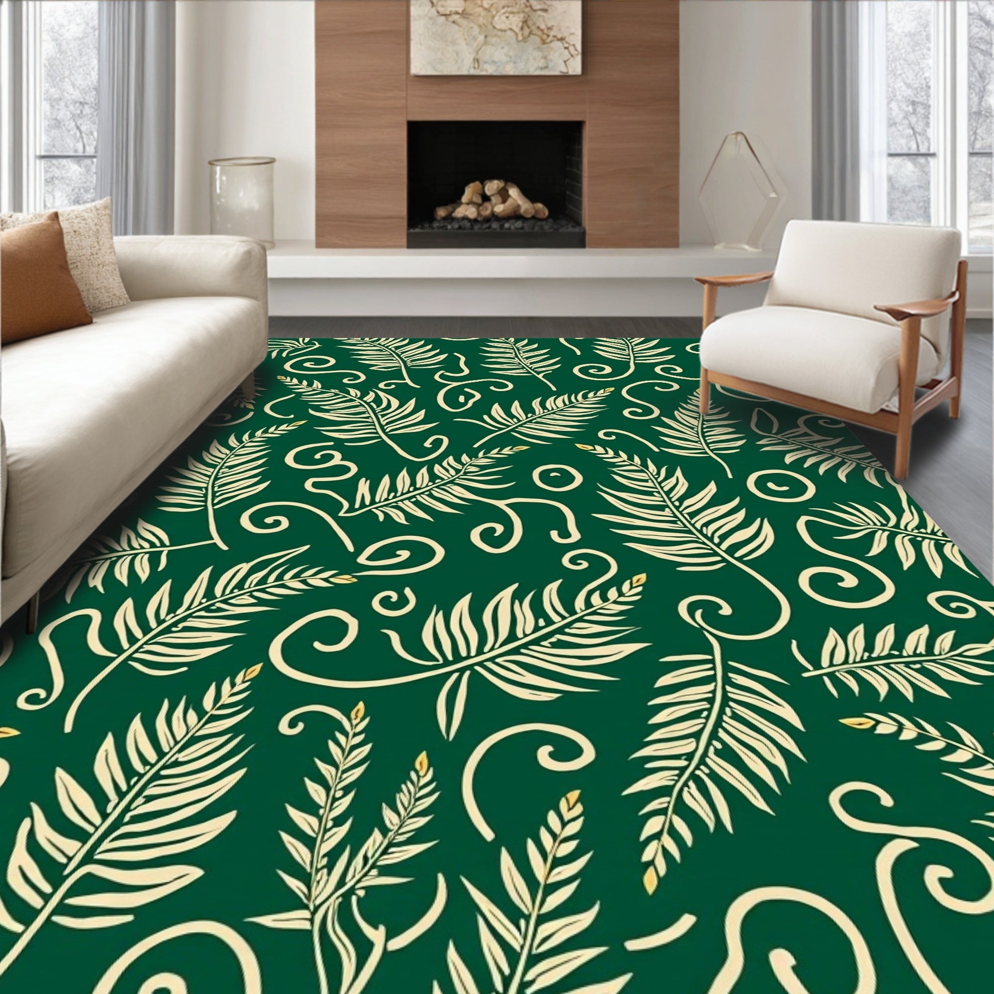 Green Beige Tropical Leaf Swirl Pattern Rug