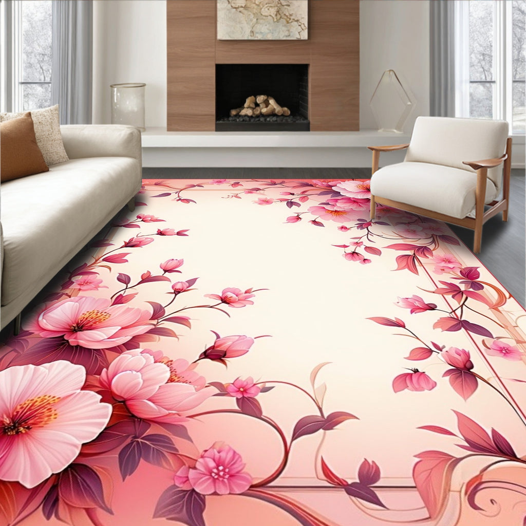 Pink Floral Garden Pattern Design Rug