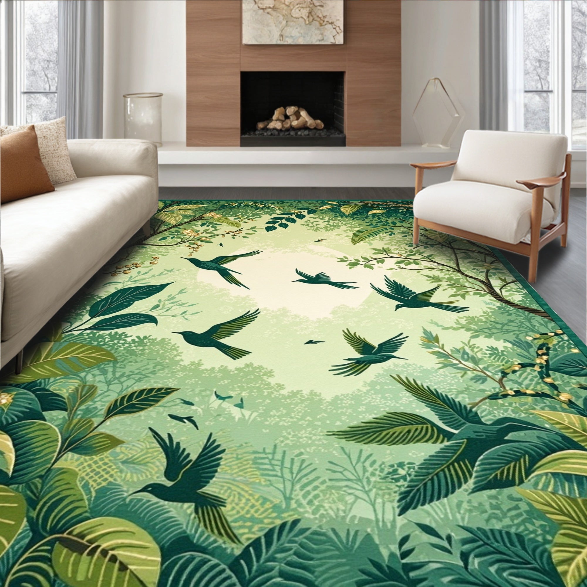 Lush Jungle Birds Artistic Scene Rug