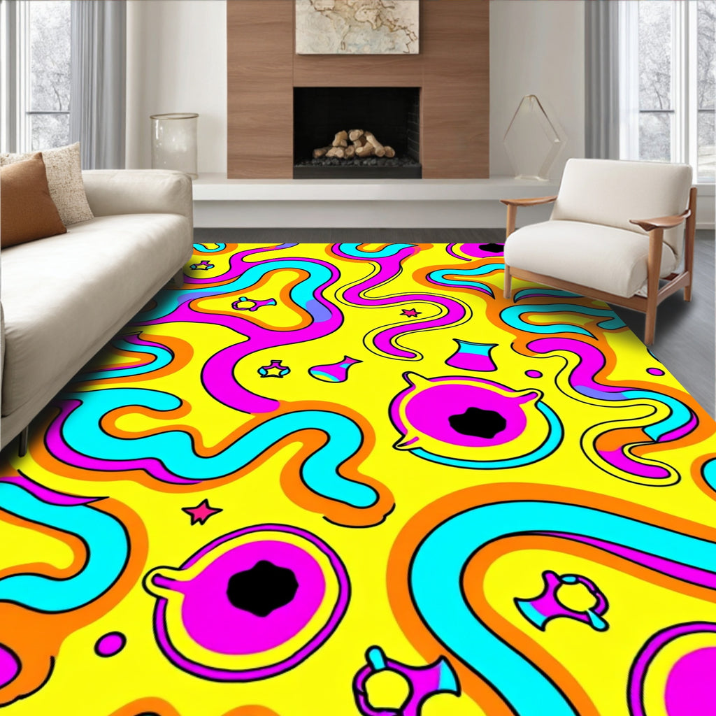 Vibrant Yellow Wavy Abstract Pattern Rug