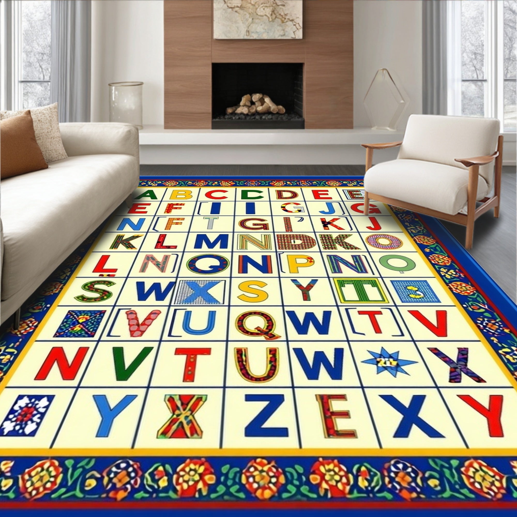 Alphabet Pattern With Floral Border Rug