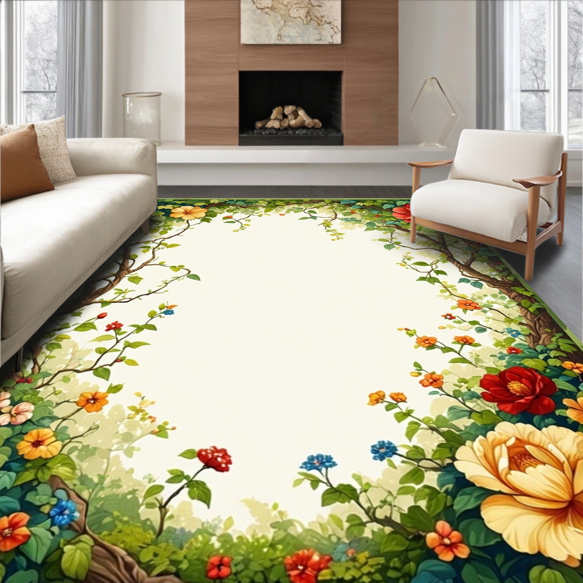 Whimsical Floral Vine Garden Design Rug
