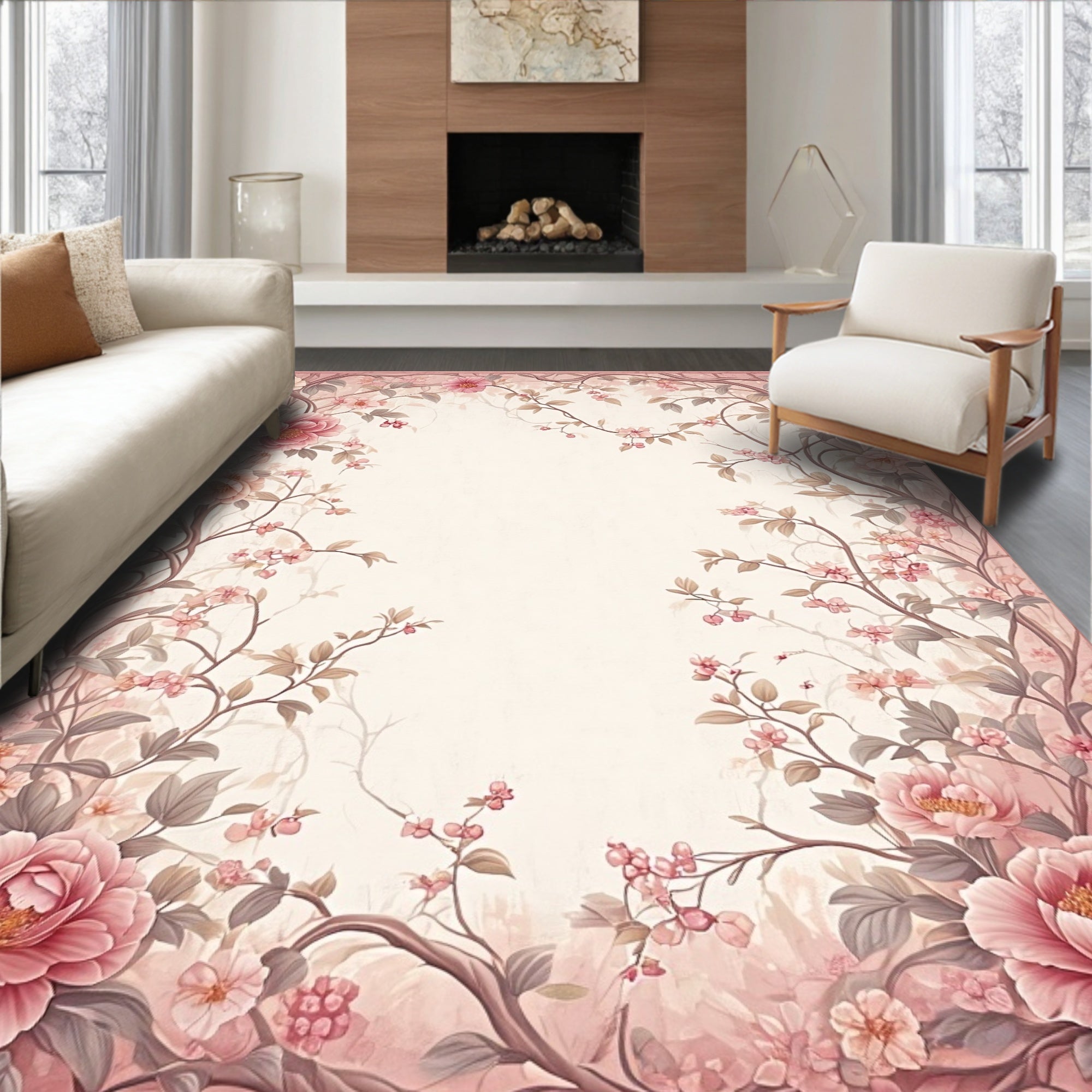 Romantic Pink Floral Vine Border Design Rug