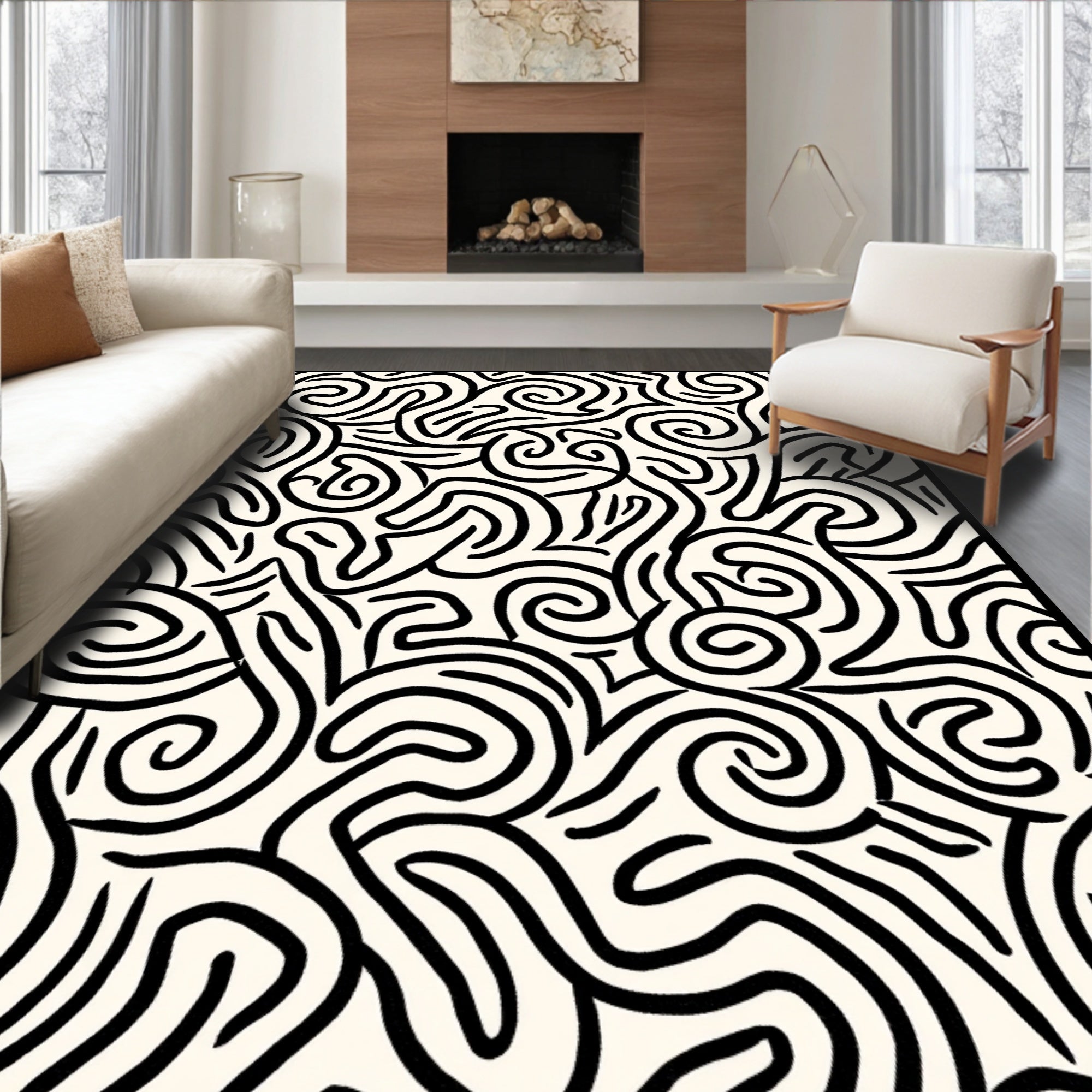Abstract Black Swirl Pattern Rug
