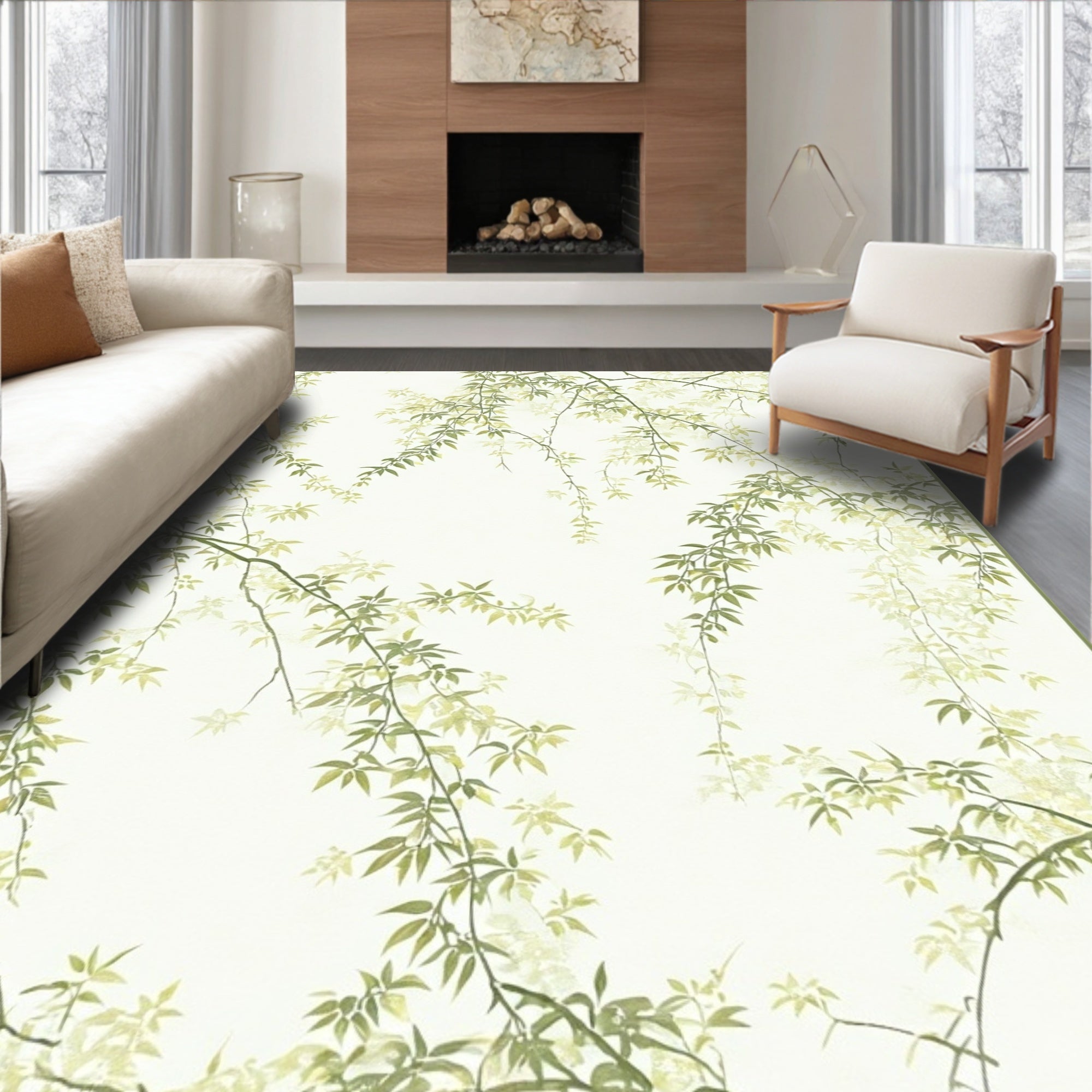 Elegant Green Willow Branch Pattern Rug