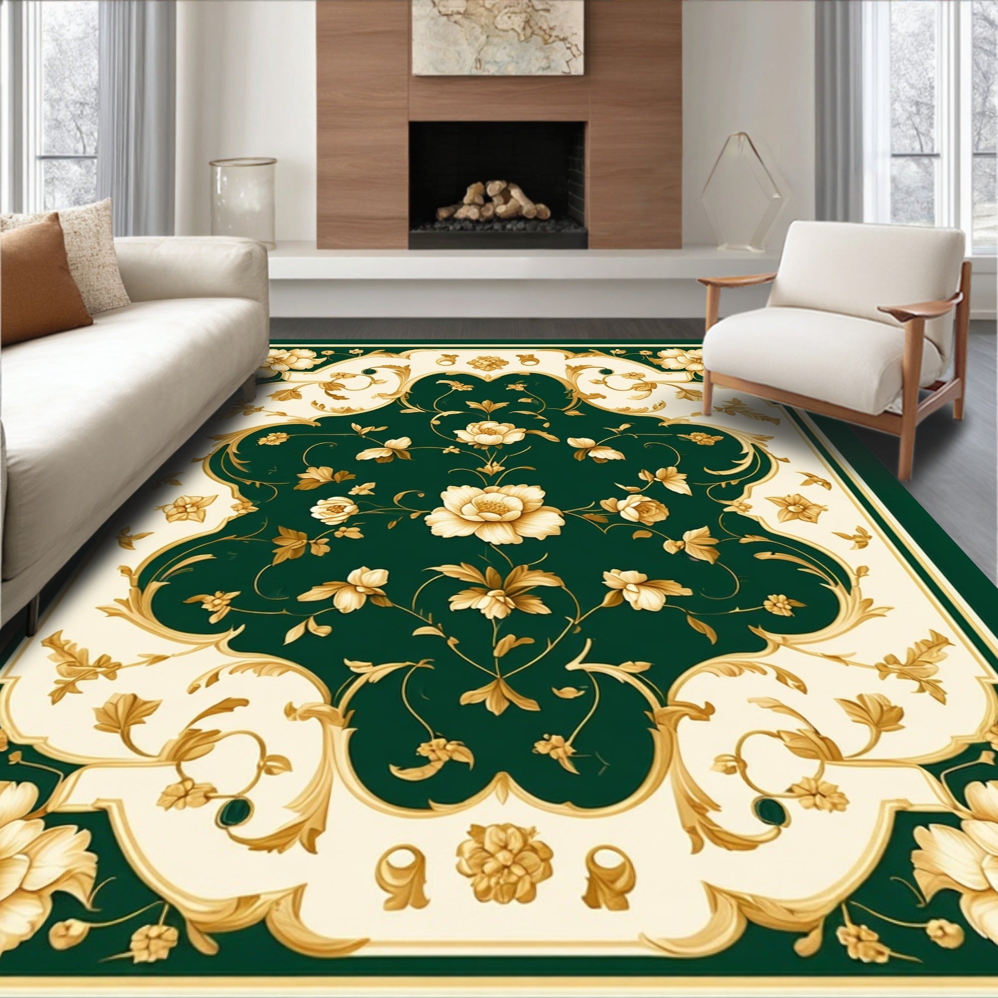 Elaborate Floral Scrollwork Emerald Rug