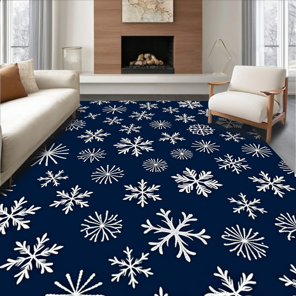 White Snowflake Scattered Navy Blue Rug