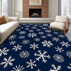 White Snowflake Scattered Navy Blue Rug
