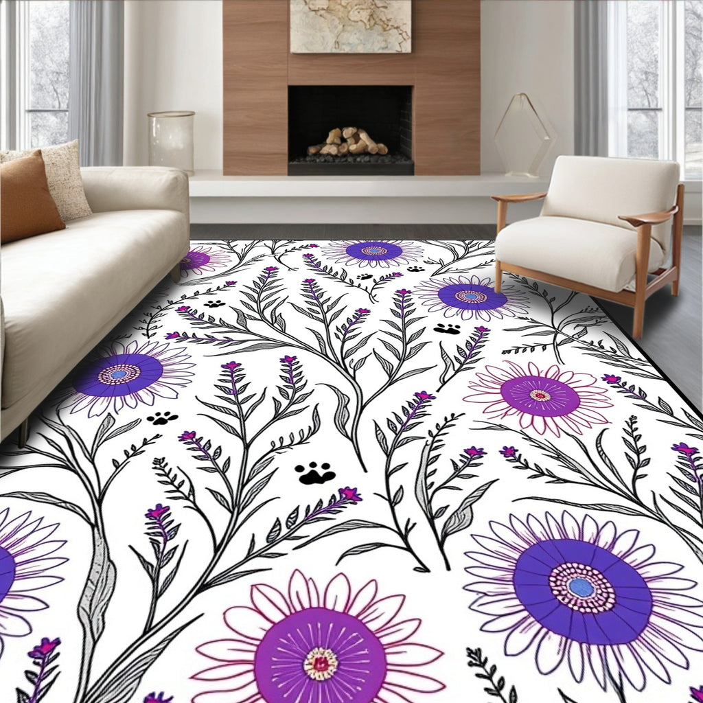 Whimsical Floral Paw Print Pattern Rug