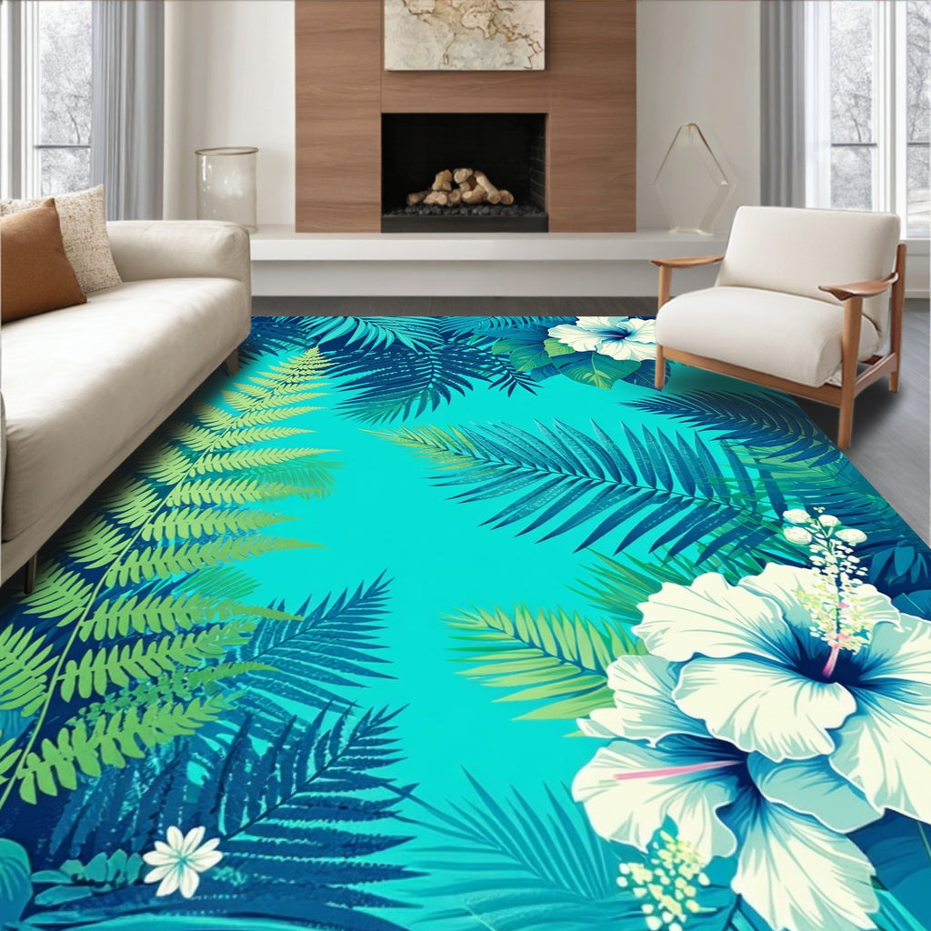 Tropical Fern Hibiscus Floral Rug