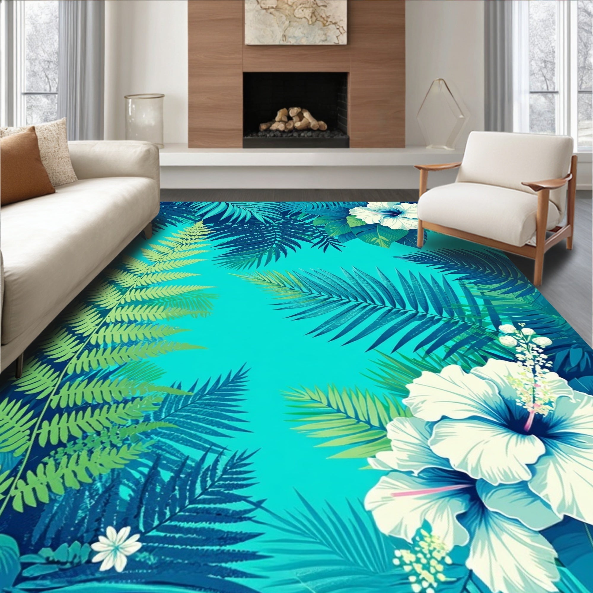 Tropical Fern Hibiscus Floral Rug