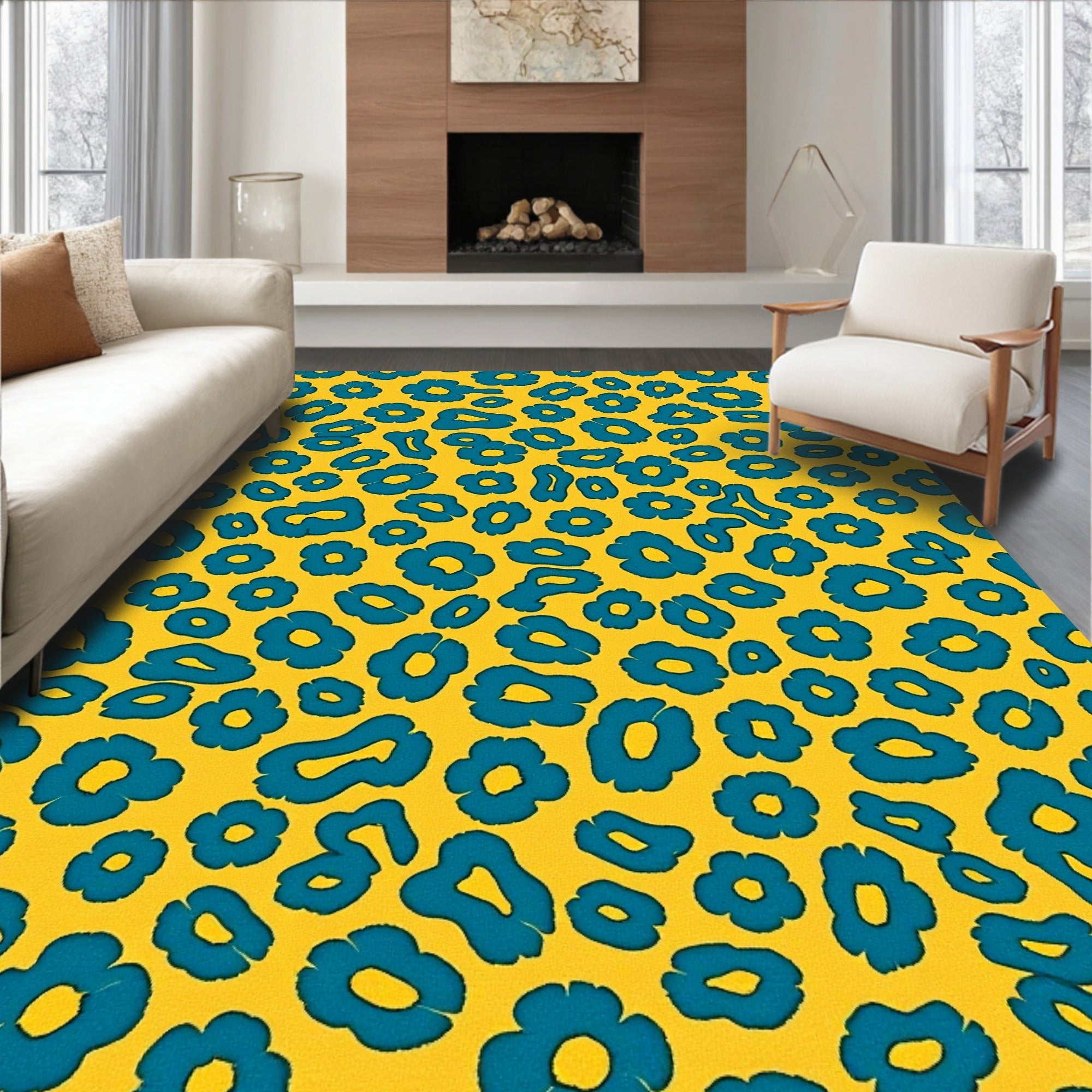 Bold Blue Floral Spot Pattern Rug