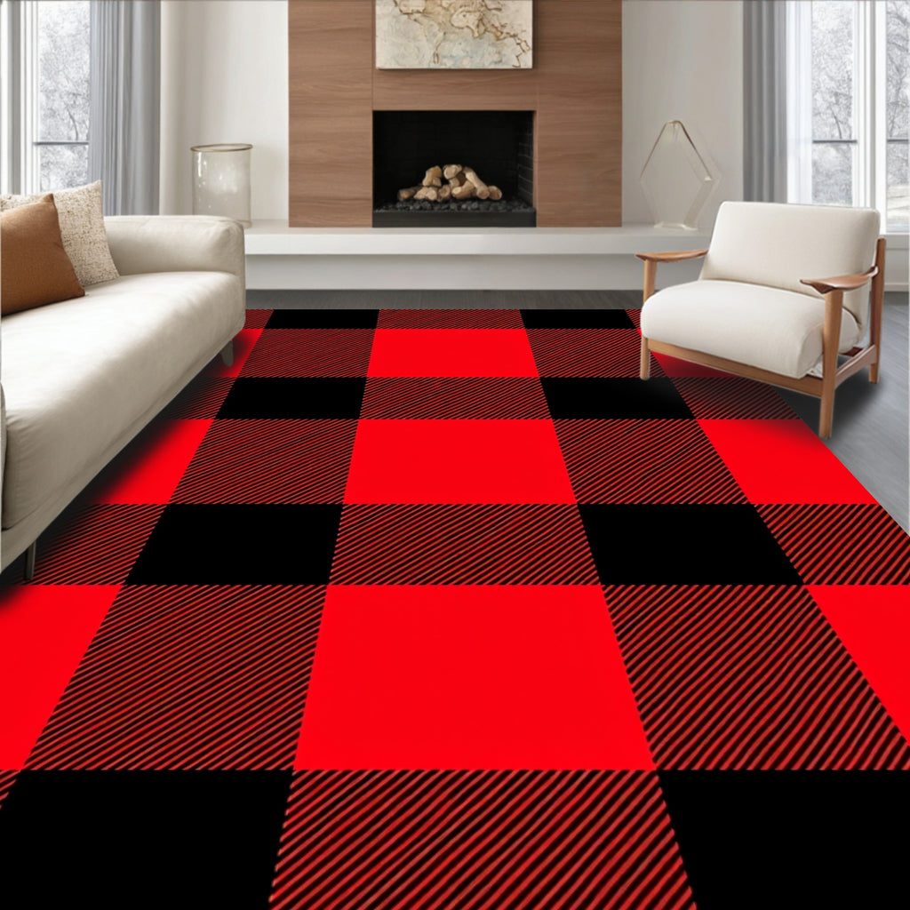 Crimson Black Plaid Squares Rug